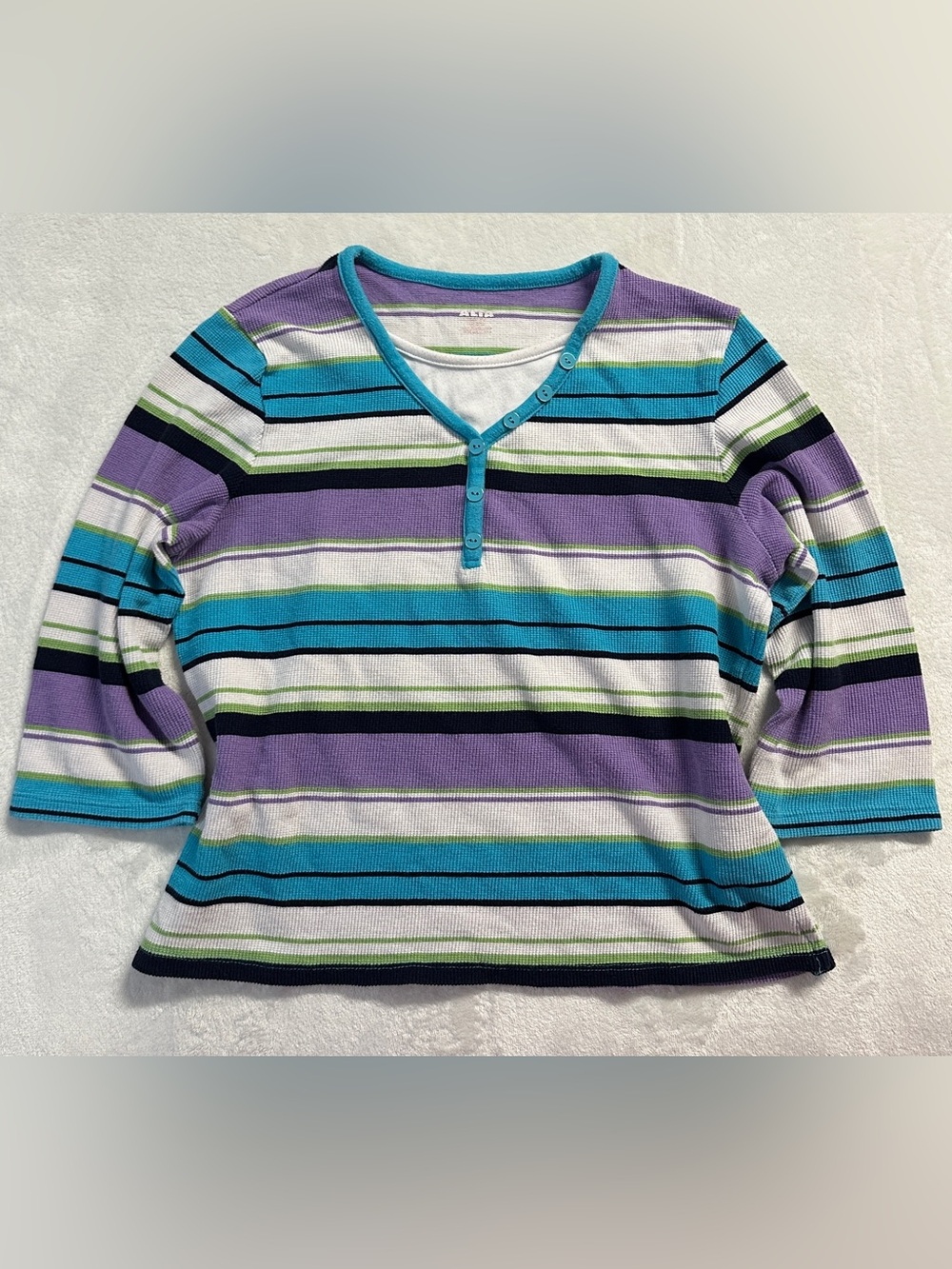 Y2K ALIA PETITES women's purple multi ribbed striped lined 1/2 sleeve tee, SP.